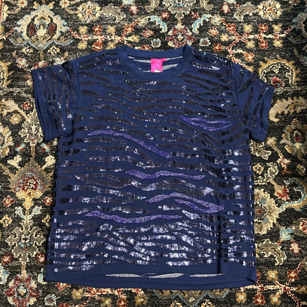 QUEEN OF SPARKLES Blue Zebra Sequin Short Sleeve Tee - Picture 3 of 8